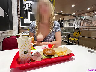 Hot blonde flashes with the addition of masturbates fat pumped pussy thither public cafeteria